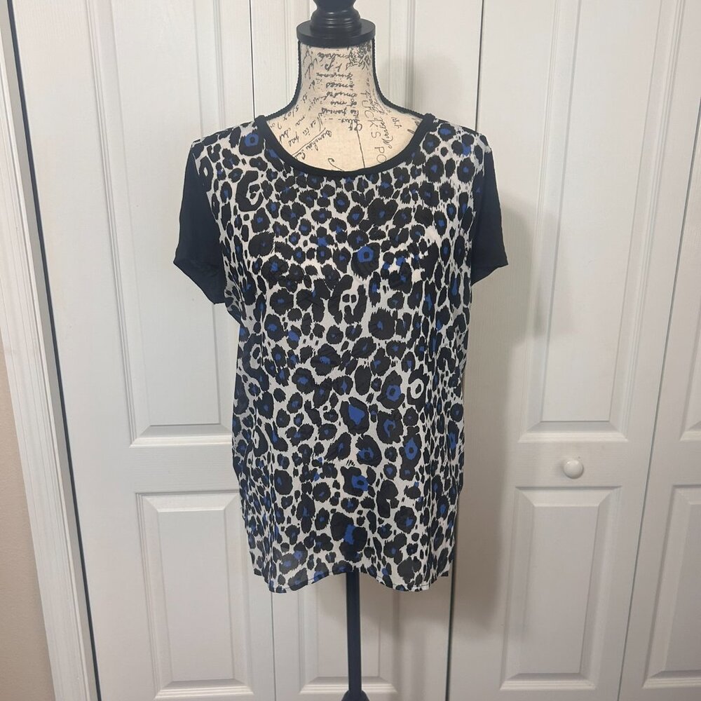 MICHAEL Michael Kors Womens Large Blue Black Leopard Print Blouse Top